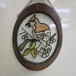 Vintage‎ 10" x 13" Wood Framed Painted Stained Glass Bird Floral Picture Gold